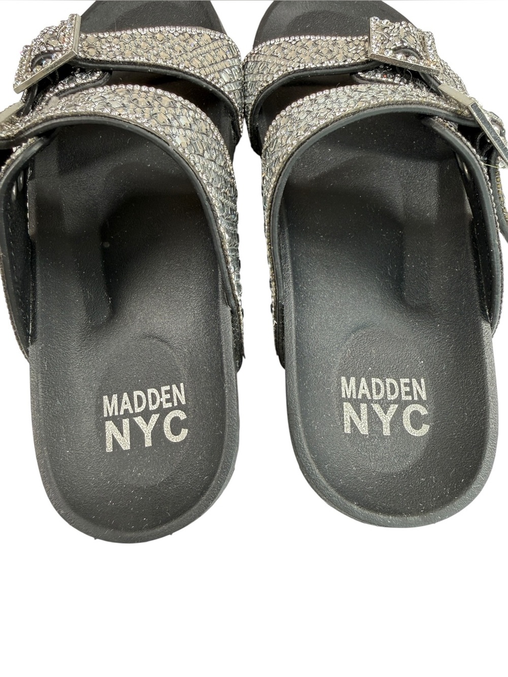 Madden NYC Rhinestone Double Buckle Slide Sandals Black Silver Women’s 6 - Picture 9 of 12